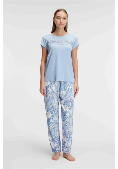Ang Butik Kısa Kol Bisiklet Yaka Kadın Viskon Çiçek Desenli Yazlık Örme Dantel Detaylı Pijama Takımı mavi