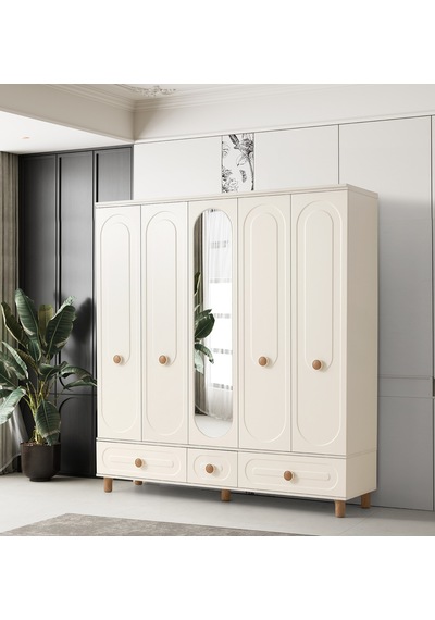 Perla 5 Kapaklı %100 Mdf Elbise Dolabı Gardrop 192x54x212 Ekru
