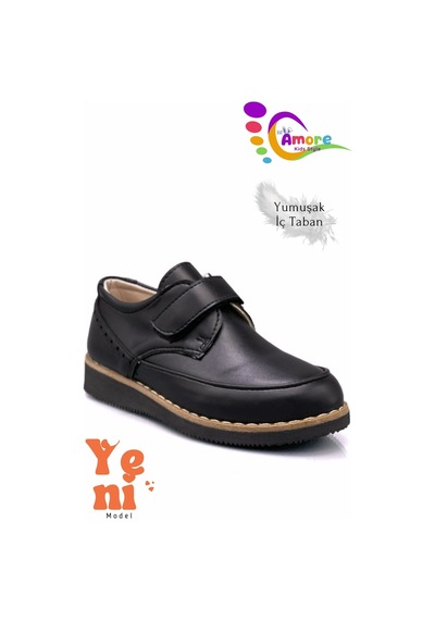 Sermoda Lil Amore Cırt Cırtlı Erkek Çocuk Ayakkabısı Okul & Sünnet Düğünü İçin Klasik Model Mat Siyah
