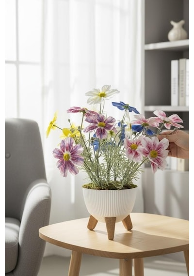 Yapay Çiçek Renkli Gerbera Papatya Salon Çiçeği Zigon Saksıda Yapay Bitki 50 40cm Yeşil
