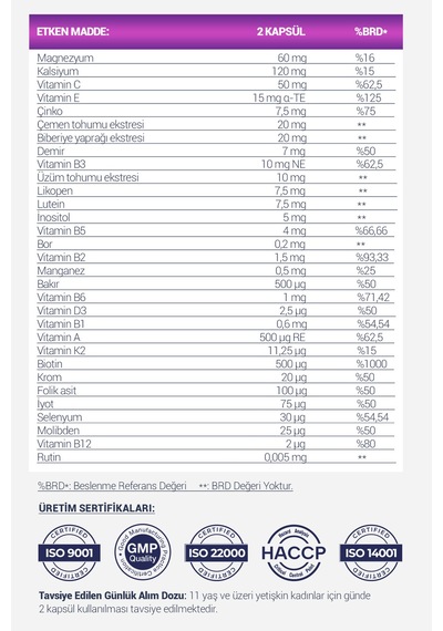 Yetişkin Kadınlar İçin Multivitamin Ve Multimineral İçeren Takviye Edici Gıda 120 Kapsül