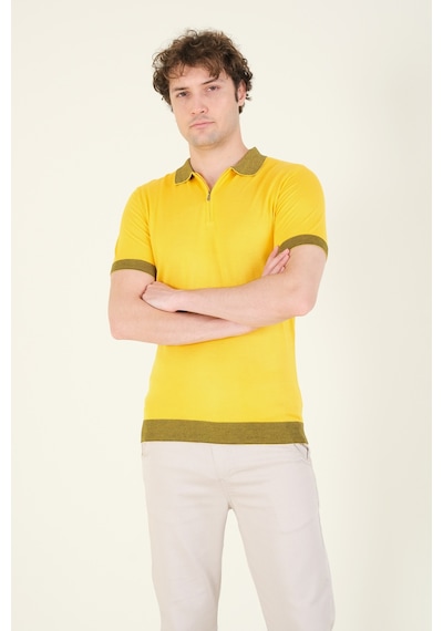 Giyim Dünyası Erkek Renkli Yaka Yarım Fermuarlı Polo Yaka Merserize T-shirt Sarı 001
