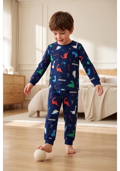 Zuzunga Hello Dino Desenli Uzun Kollu Erkek Çocuk İnterlok Pijama Takımı Lacivert