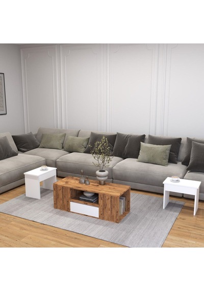 Lila Orta Sehpa 3'lü Takım Zigonlu , 100 Cm, Atlantik Çam - Beyaz