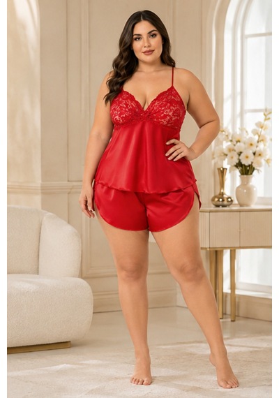 Loule Büyük Beden Kırmızı Çapraz Askılı Dantelli Şortlu Pijama