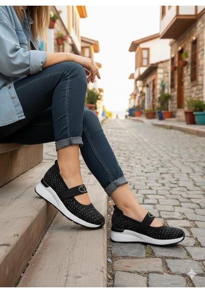 Guja 26y305-2 Rahat Taşlı Tekstil Baletli Kadın Ayakkabı Siyah