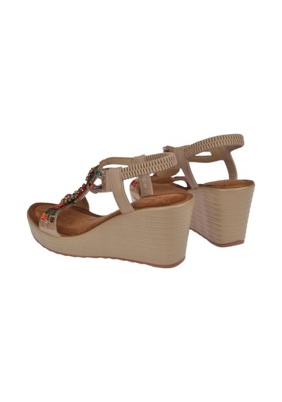 Guja 25y155 Kadın Taşlı Dolgu Topuklu Lastikli Comfort Sandalet Bej Siyah