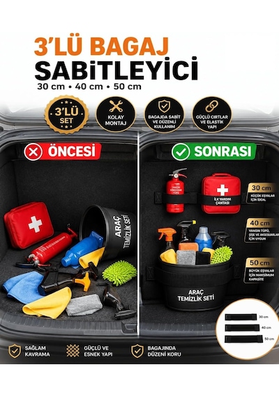 Ankanorm 3'lü Oto Bagaj Sabitleyici Elastik Bant Seti 30-40-50 Cm