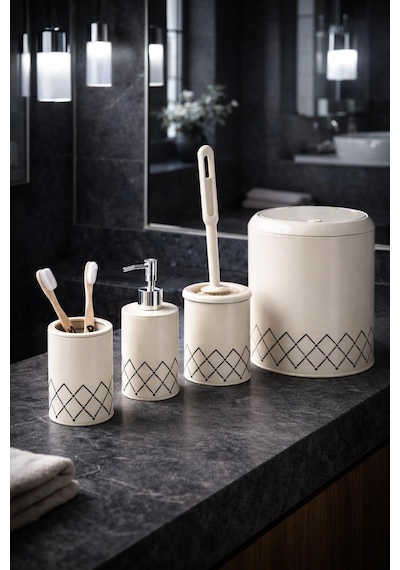 Geometrik Zikzak Desenli 4 Lü Banyo Seti Krem