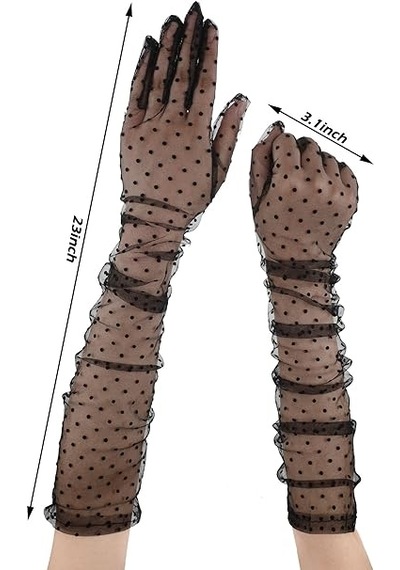 Uzun Boy Siyah Puantiyeli Siyah Renk Yetişkin Tül Eldiven 55 Cm 5615 "