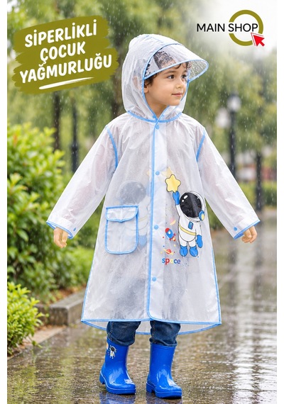 Mainshop Şeffaf Siperlikli Ve Çıtçıtlı Sevimli Figürlü Su Geçirmez Çocuk Yağmurluk 5-6 Yaş S - M Mavi