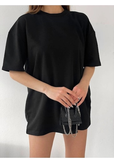 Unisex Siyah Pamuklu Oversize T-shirt - Bisiklet Yaka Siyah