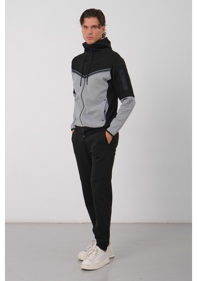 Dechers Erkek Siyah Tech Fleece Double Face Kapüşonlu Fermuarlı Eşofman Takımı - E228 Gri