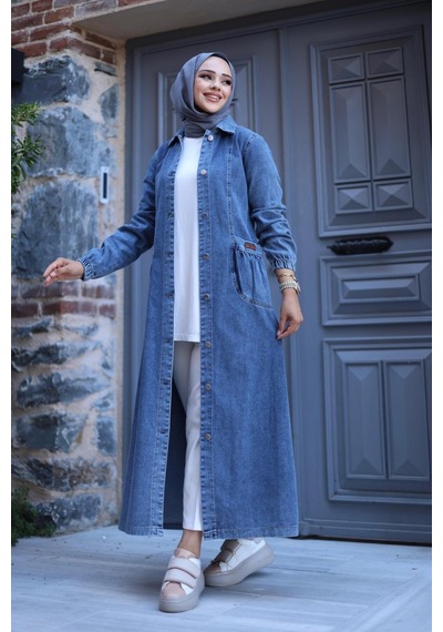 Harman Butik Kadın Düğmeli Cepli Kar Yıkamalı Denim Kot Kap Koyu Kot Mavi Koyu Kot Mavi