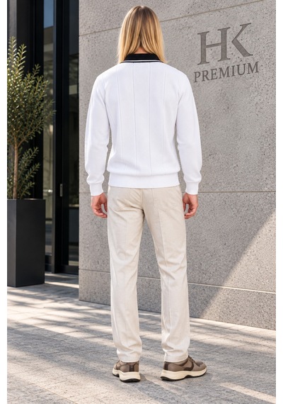 Hk Premium Erkek Polo Yaka Kontrast Çizgili Fitilli Triko Kazak Uzun Kollu, Dokulu Örme Kazak Beyaz Hk Premium Erkek Polo Yaka Kontrast Çizgili Fitilli Triko Kazak Uzun Kollu, Dokulu Örme Kazak Beyaz