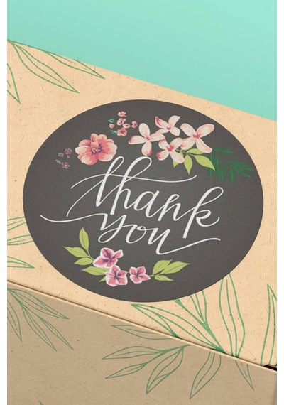 90 Adet Thank You Teşekkür Etiketi Siyah Çiçekli 3x3cm St2035 Çok Renkli