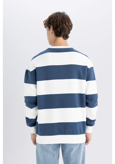Defacto Boxy Fit Bisiklet Yaka Çizgili Sweatshirt A9066AX24AUBE88 Mavi