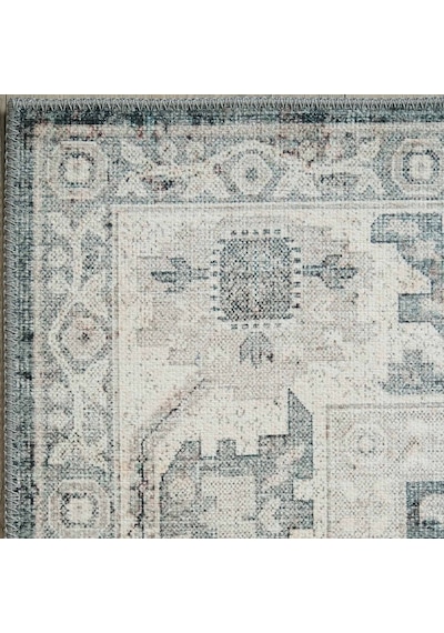 Cool Halı Private Xw Krem Yeşil Eskitme Vintage Yıkanabilir Şönil Etnik Desen Klasik Salon Halısı