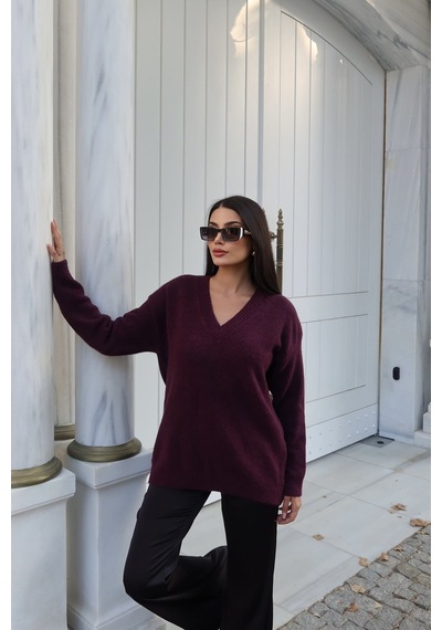 Kechi Woman V Yaka Oversize Triko Kazak Bordo