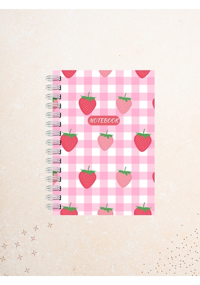 Çilek Desenli Dama Kapaklı Defter 60 Yaprak / 120 Sayfa Çizgisiz Tel Spiralli Çok Renkli