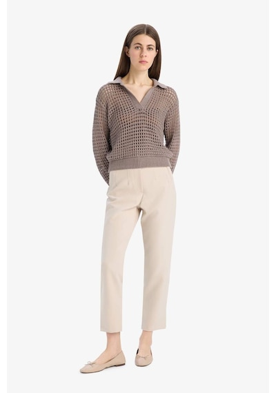 DeFacto 	Relax Fit Polo Yaka Basic Düz Ajur Triko Kazak E7025AX25SMBG487 Bej