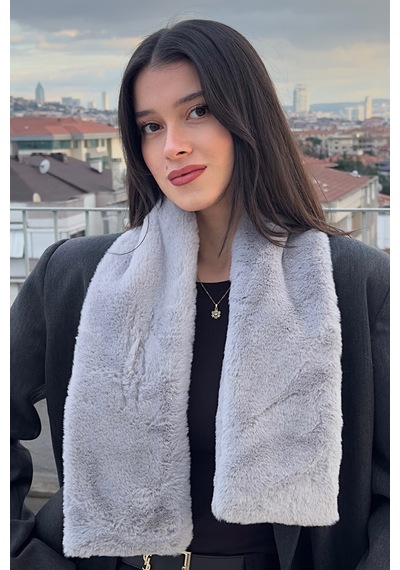 Mollycrush Peluş Yumuşak Soft Atkı Kışlık Suni Kürklü Gri Kadın Atkısı Gri