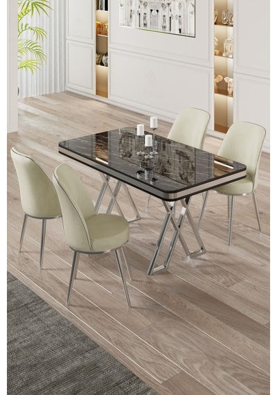 Canisa Vals Serisi 80x130 Lak Panel Siyah Mermer Desen Masa Takımı Krom Ayaklı 4 Krem Sandalye Masa Siyah Mermer Desen Sandalye Krem Canisa Vals Serisi 80x130 Lak Panel Siyah Mermer Desen Masa Takımı Krom Ayaklı 4 Krem Sandalye Masa Siyah Mermer Desen Sandalye Krem