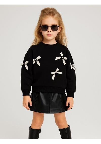 Kız Çocuk Fiyonk Detaylı Sweatshirt-16131 Siyah