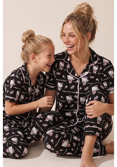 Siyah İnci Hello Kitty Lisanslı %100 Pamuk Pembe Çok Renkli Düğmeli Biyeli Pijama Takım 26120451 Siyah Pembe
