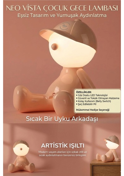 Street-style Şapkalı Çocuk Lamba - Şarjlı Taşınabilir Dekoratif Gece Lambası Pembe 8381888