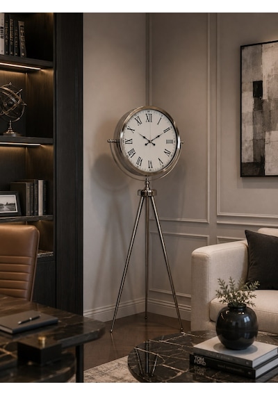 Büro Ev Ofis Dekoru İçin 150x45cm Krom Metal Roma Rakam Tripod Ayaklı Saat Diğer