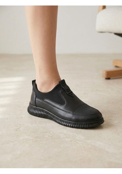 Beren Hakiki Deri Acı Kahve Kadın Ayakkabı Ortopedik Taban Bağcıksız Comfort Casual Günlük Sneaker Siyah