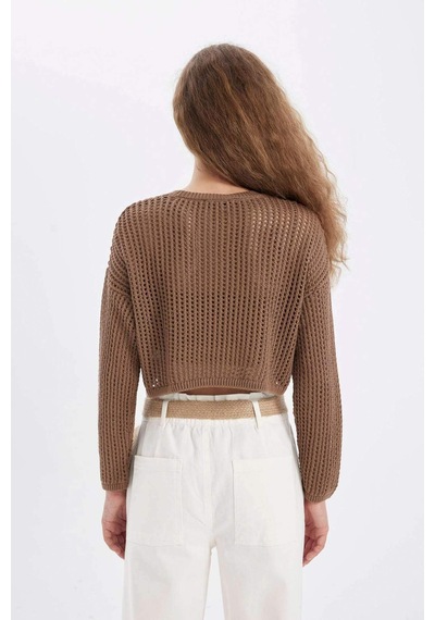 Defacto Regular Fit Bisiklet Yaka Kroşe Ajurlu Delikli Crop Triko Kazak T4513AZ24AUBG111 Bej