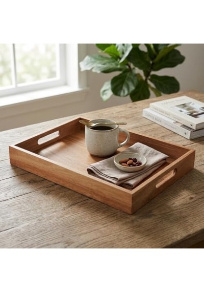Büyük Boy Akasya Ahşap Sunum Tepsisi 40x30 Cm - Doğal Ahşap Çay, Kahve Ve Kahvaltı Tepsisi, Kulplu Tasarım Diğer