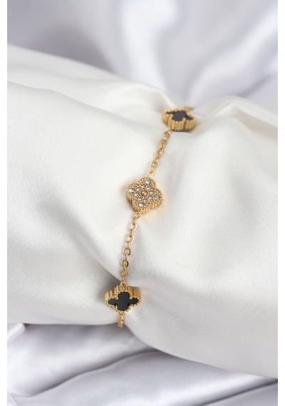 Tua Moda 316l Çelik Gold Renk Siyah Ve Zirkon Taşlı Baby Boy Yonca Kadın Bileklik Siyah
