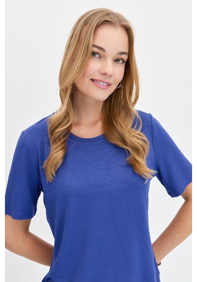 Kadın Sıfır Yaka Flamlı Kumaş Penye Tshirt İndigo Indigo