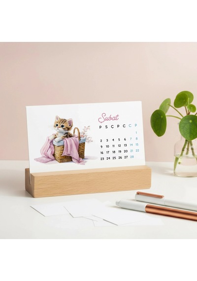 2027 Sevimli Yavru Kedili Masa Takvimi Doğal Ahşap Tabanlı Takvim Pastel Pembe Kedi İllüstrasyon