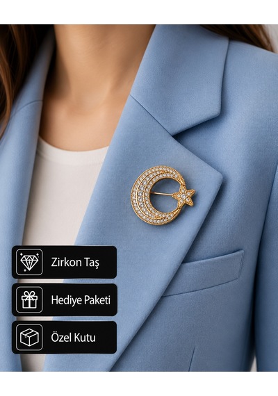 Ay Yıldız Figürlü Zirkon Taşlı Altın Renk Broş Şık Gold Çanta Ve Ceket Aksesuar Açık Gri