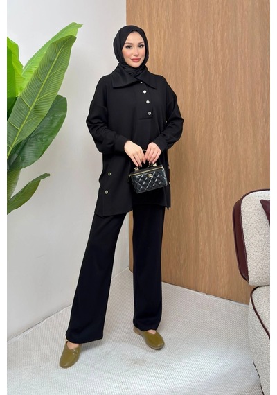 Mihran Butik Soho Elegance Yaka Detaylı Kadın Tesettür Alt Üst Takım Siyah