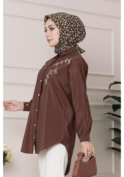 Sevitli Önü İnci Taş İşlemeli Tunik-kahverengi-4792 Kahverengi