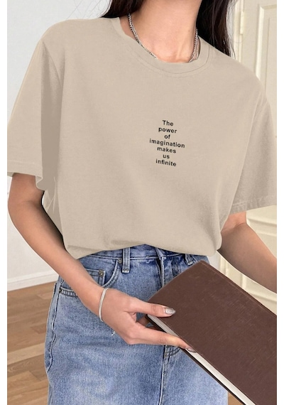 Unisex The Power Of Baskılı Tasarım Tshirt Bej