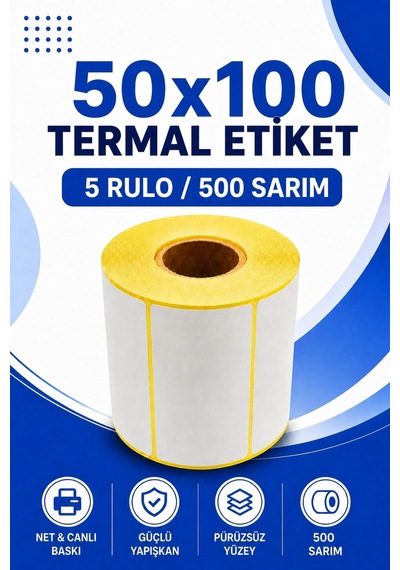 50x100mm Termal Etiket 5 Rulo 500 Sarım Ribonsuz Kargo, Lojistik, Depo Yapışkanlı 1