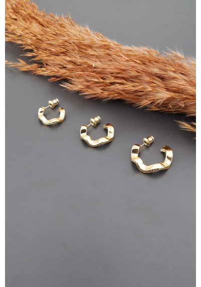By Zeyna Aksesuar Kadın Basic 3 Boy 3'lü Küpe Seti-2555 Altın