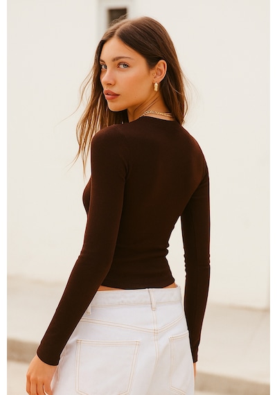 Rich Kadın Kahverengi Bisiklet Yaka Esnek Kumaşlı Vücuda Oturan Slim Fit Uzun Kollu Crop Body Kahverengi