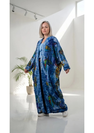 Byemelika %100 Pamuk, Bürümcük, Lastik Detay, Bohem Lidya Kaftan Beyaz Mavi