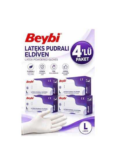 Beybi Lateks Eldiven Pudralı Large 100'lü 4 Adet