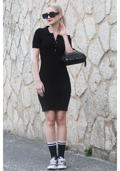 Madmext Siyah Polo Yaka Mini Kadın Elbise Mg1736-siyah Siyah