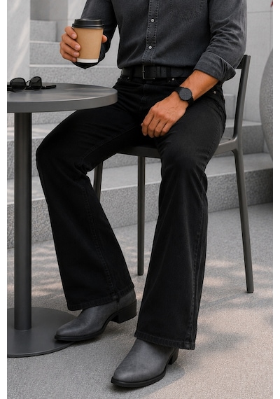 Cedy Denim Cedy Denım Premium Seri: Erkek Retro Flare Bootcut Jean - Geniş Paça Taşlanmış Denim Pantolon C370 Siyah
