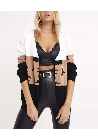 Aqe Fashion Kadın Bloklu Ortası Desenli Beyaz Hırka Beyaz