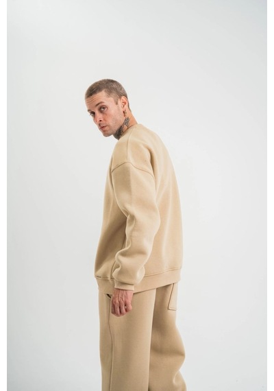 Erkek Uzun Kol Bisiklet Yaka 3 İplik Pamuklu Kışlık Sweatshirt - Bej